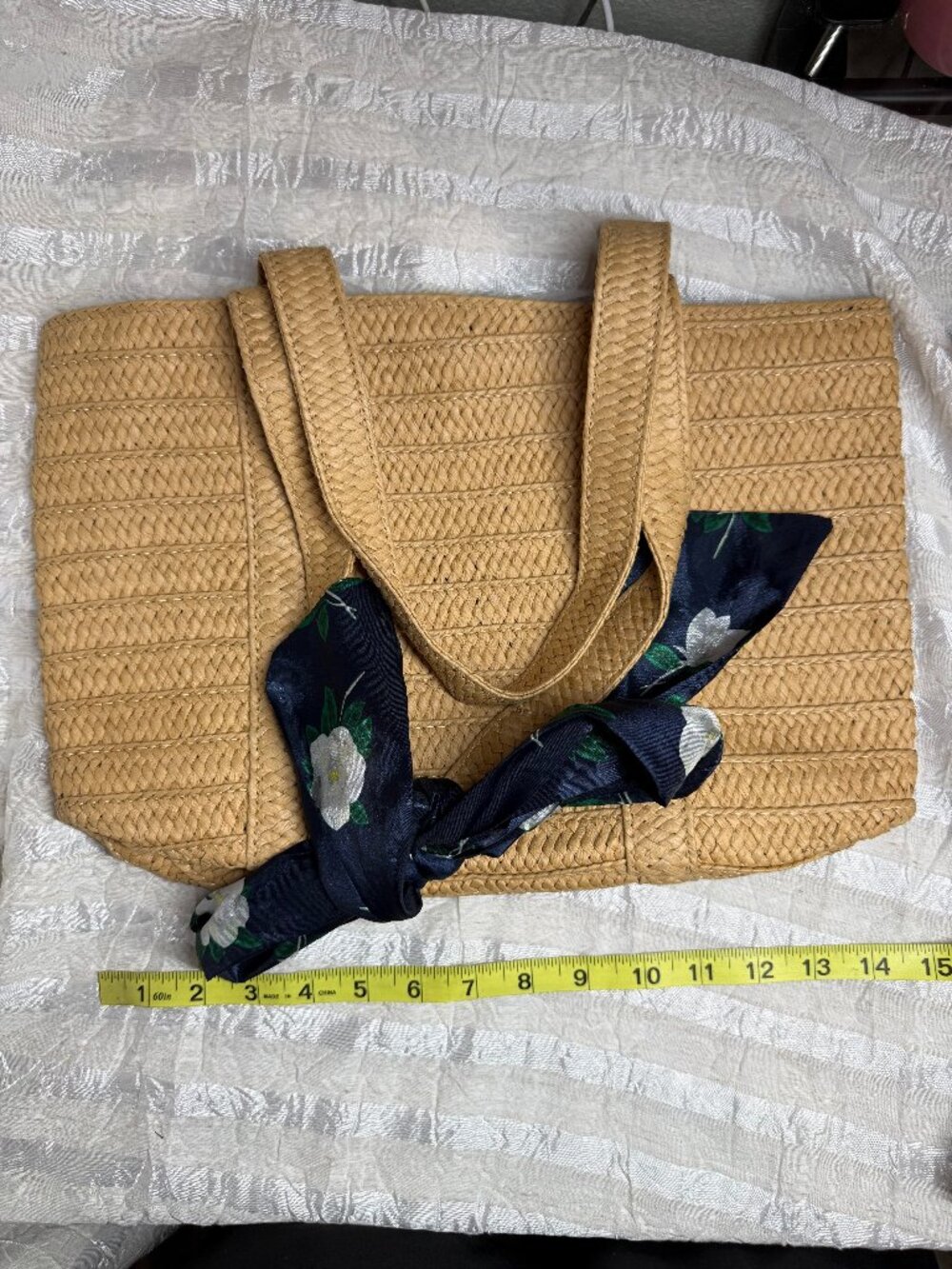 Draper James Woven Straw Tote Bag with Navy Floral Scarf Bow